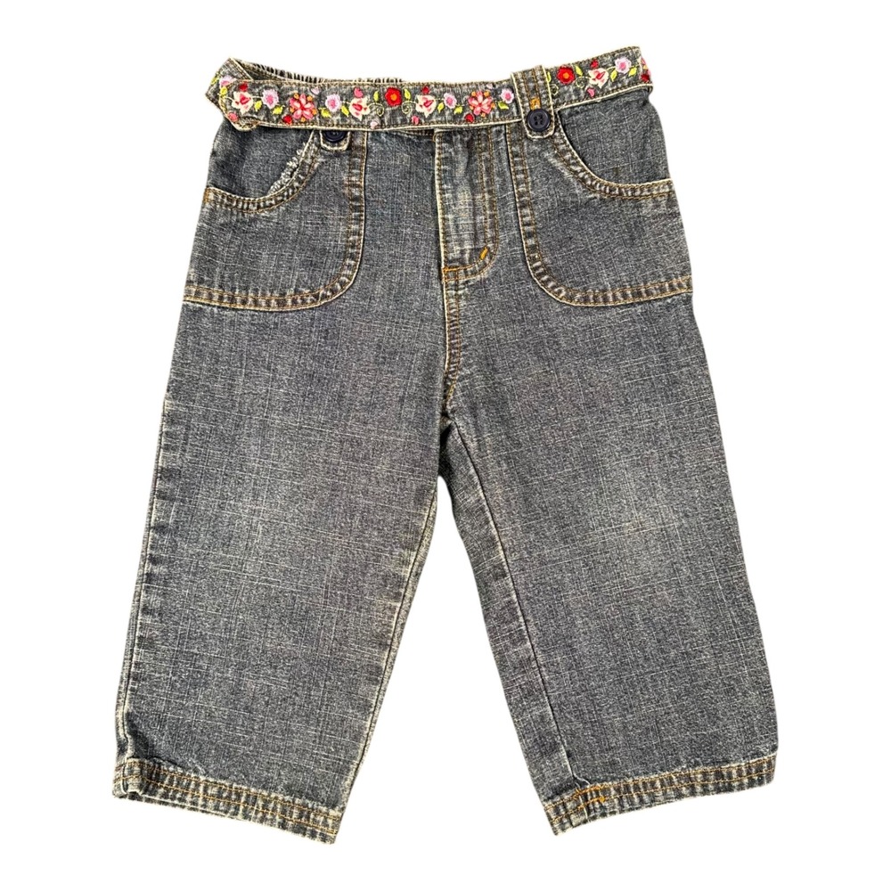 Greendog Baby Girls 18M Blue Denim Jeans Floral Embroidered Belt Elastic Waist